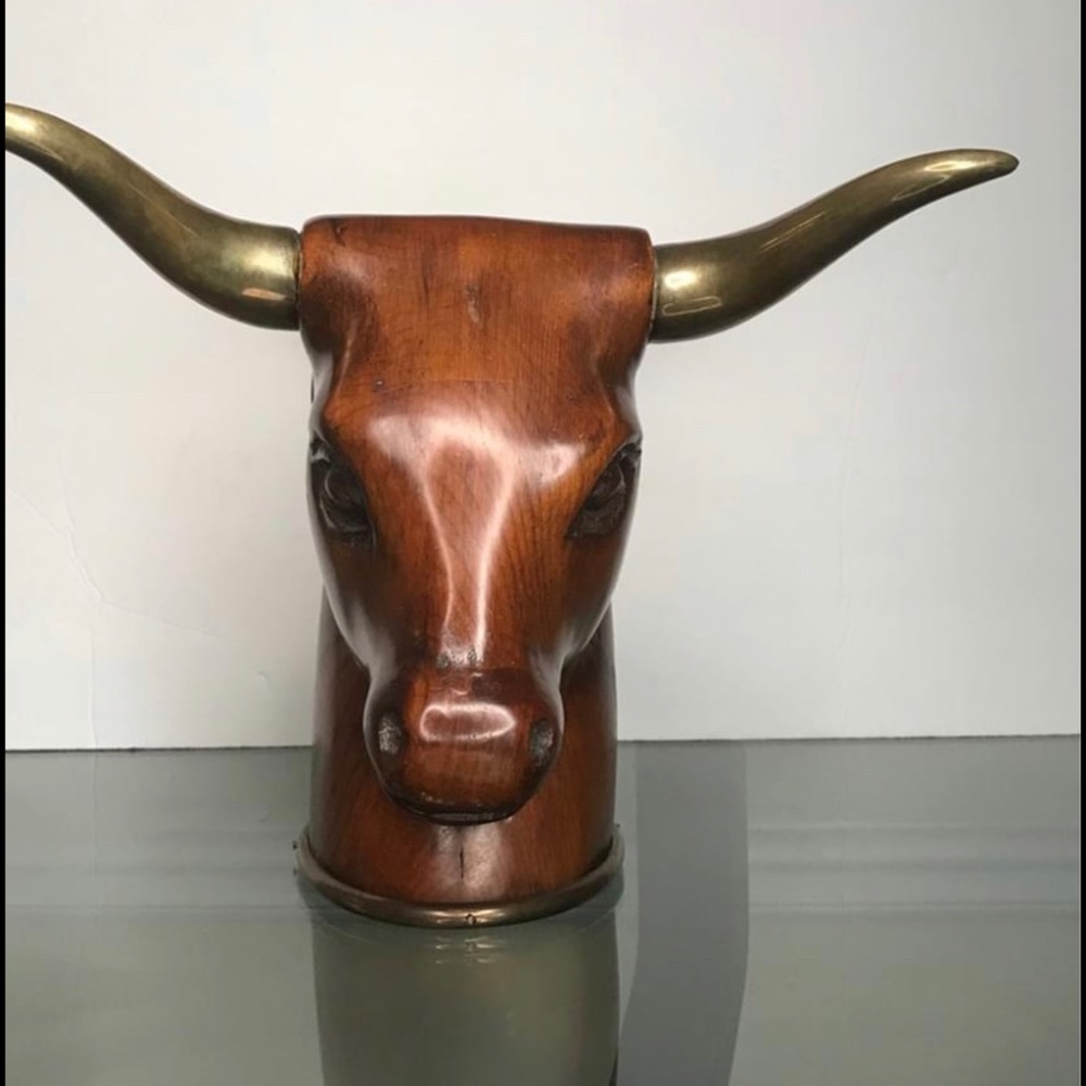 Rare CARVED WOOD & BRASS BULL HEAD SCULPTURE